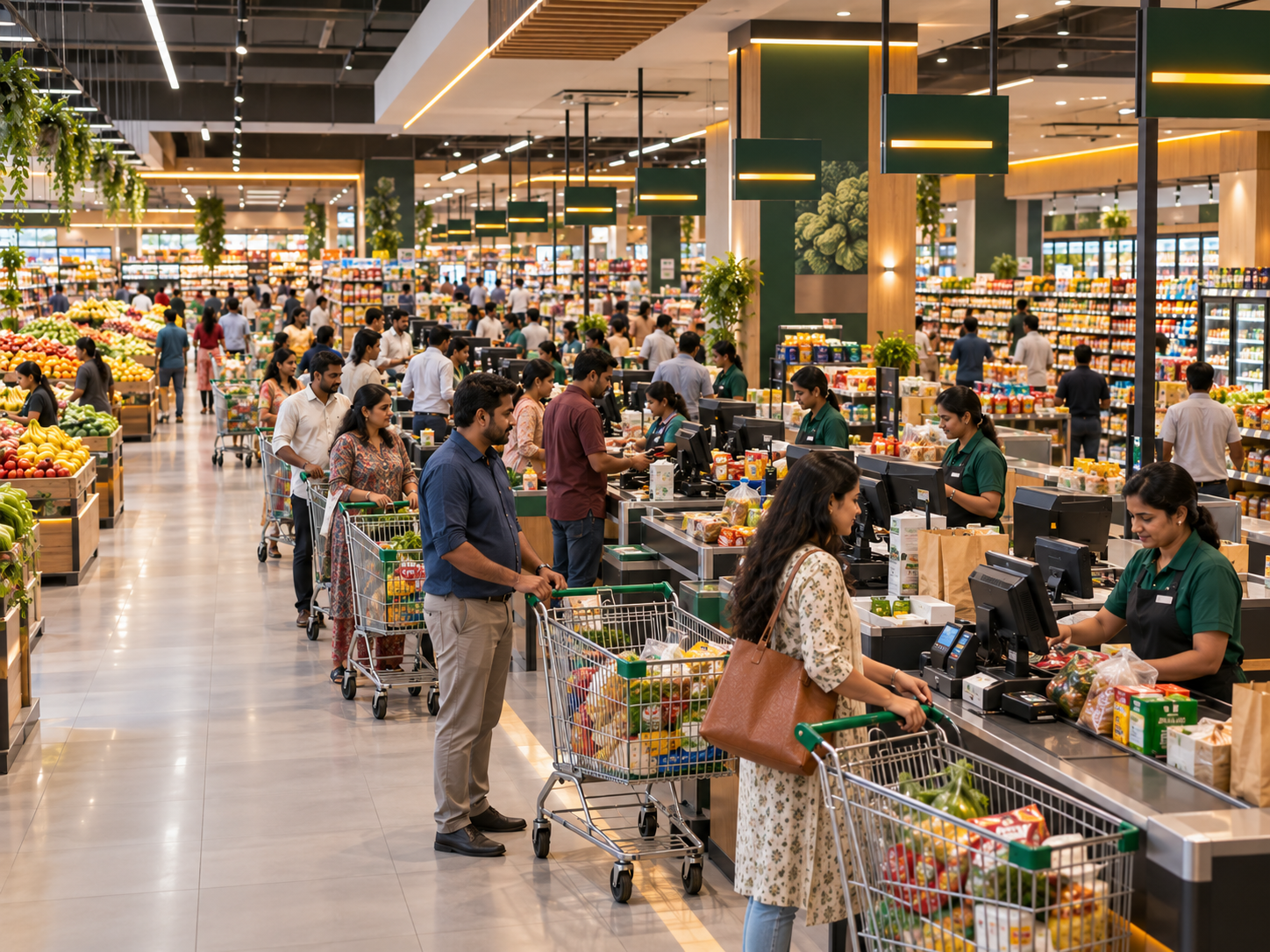 Busy modern supermarket with multiple checkout counters and digital retail operations